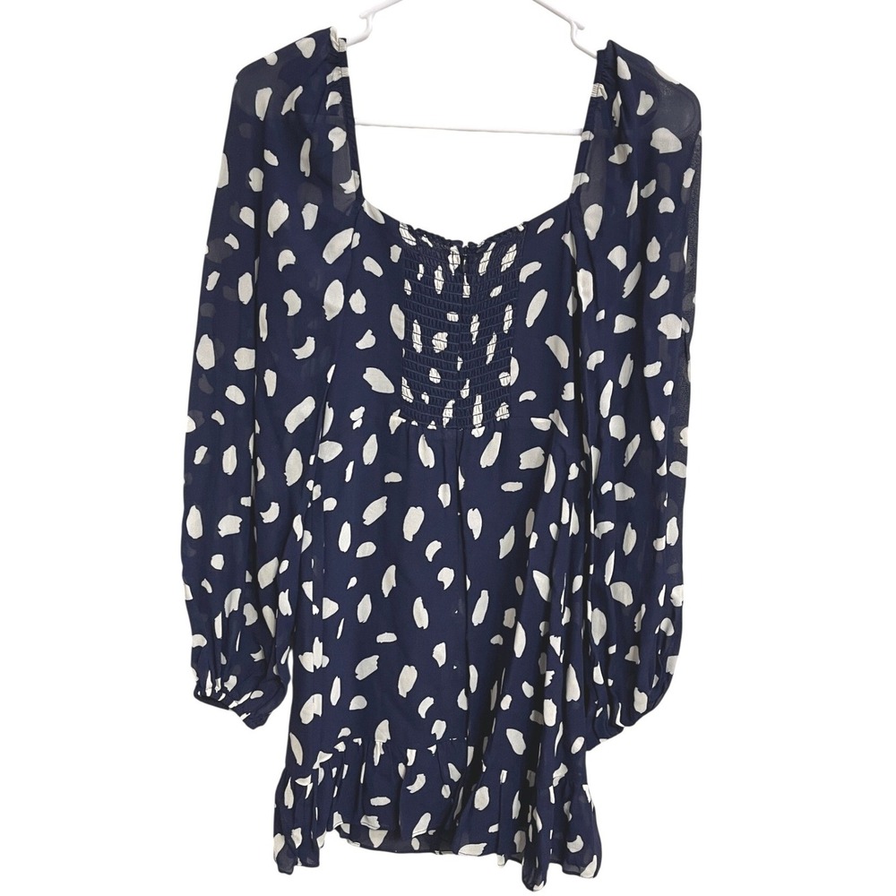 Reformation Cammi Dress Splatter Polka Dot Blue Mini Size 2 Puff‎ Sleeve Ruffle - Picture 3 of 4